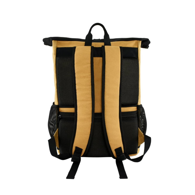 A kraft paper laptop backpack in tan and black, featuring padded straps and mesh side pockets. It has a logo displayed.