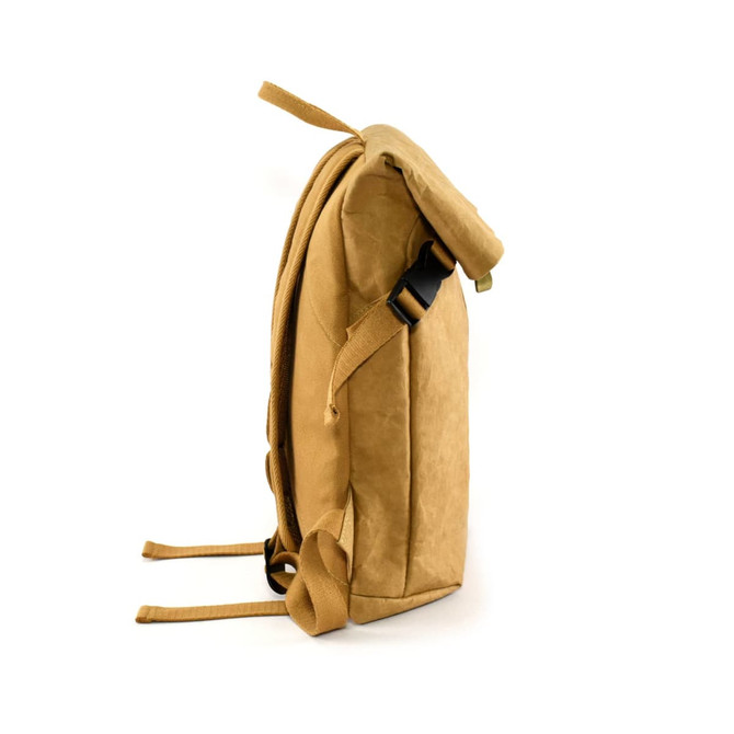 A tan kraft paper laptop backpack with a roll top, adjustable straps, and a simple design. It has a logo on it.