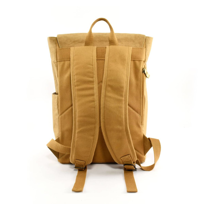A tan Kraft paper laptop backpack featuring adjustable straps and a side pocket. It has a simple, minimalist design.