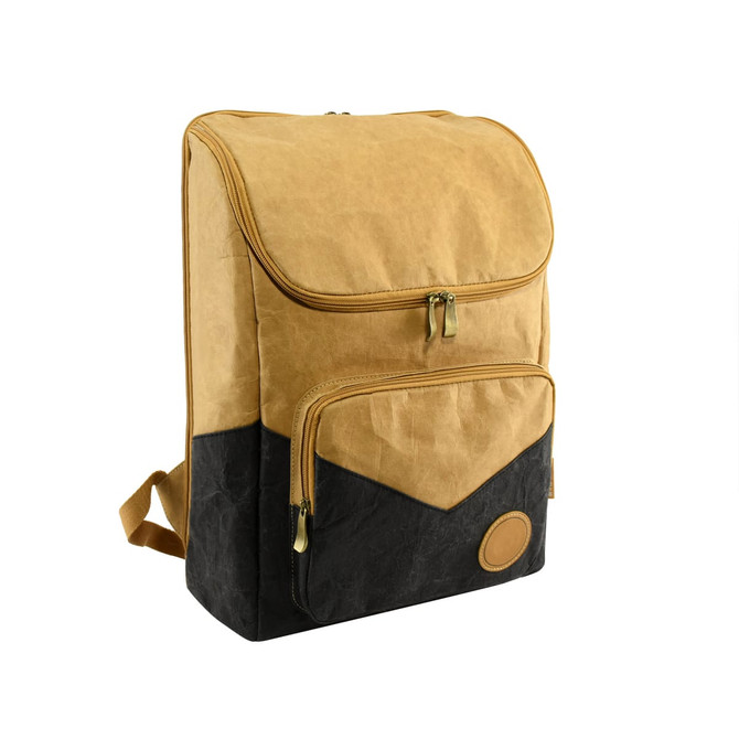 A laptop backpack featuring a tan top and black bottom, with a front zip pocket and logo detailing.