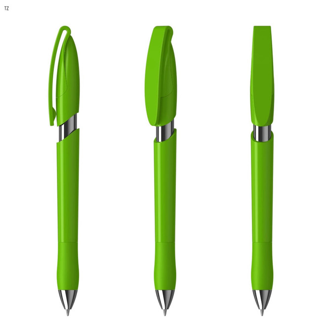 A green plastic pen displayed from three angles, featuring a shiny silver tip and a clip for easy attachment.