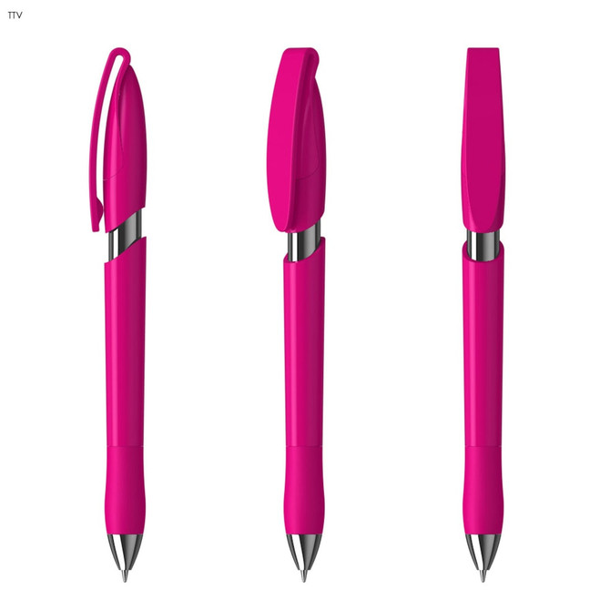A bright pink plastic pen with a shiny silver tip and a clip on the cap, featuring a logo.