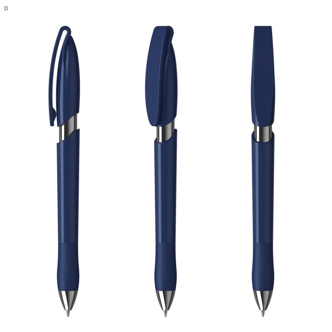 A set of three dark blue plastic pens with silver accents and clip features.