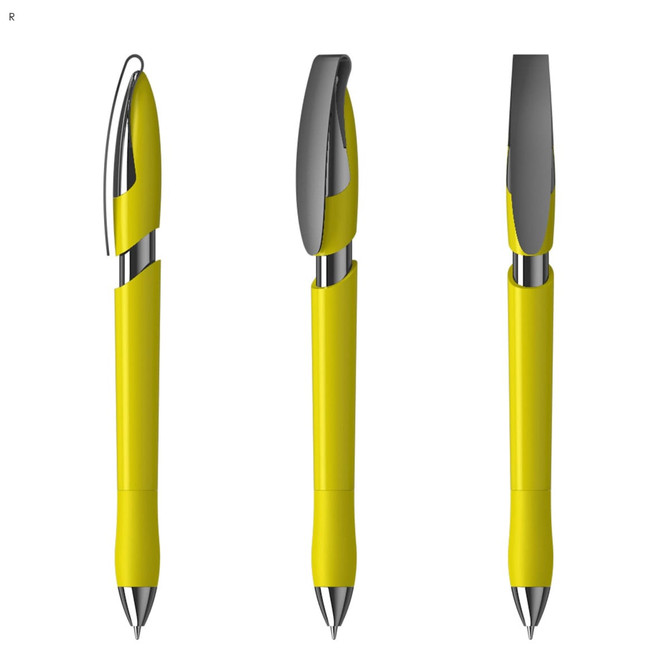 A yellow plastic pen with a sleek design and a shiny metallic clip, featuring a logo on its barrel.