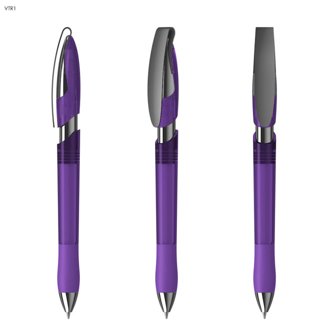 A purple plastic pen with a transparent grip, featuring a chrome clip and silver accents. It has a logo on the barrel.