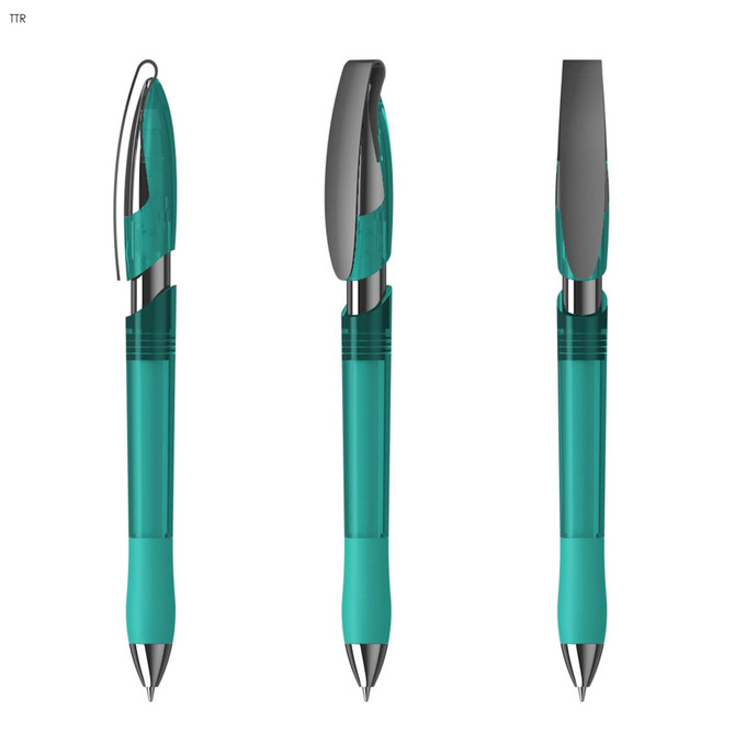 A transparent turquoise plastic pen featuring a silver clip and tip, displayed from multiple angles.