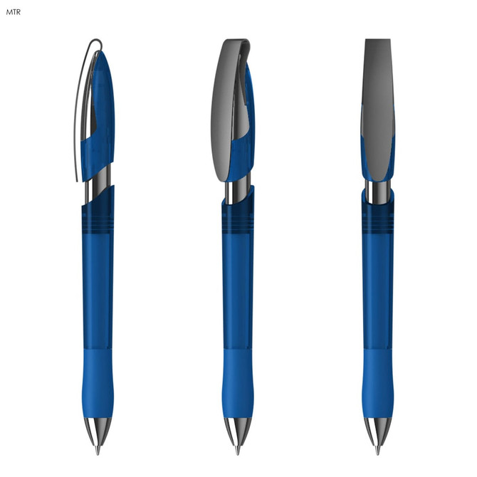 A transparent blue plastic pen with silver accents, featuring a clip and a smooth grip.