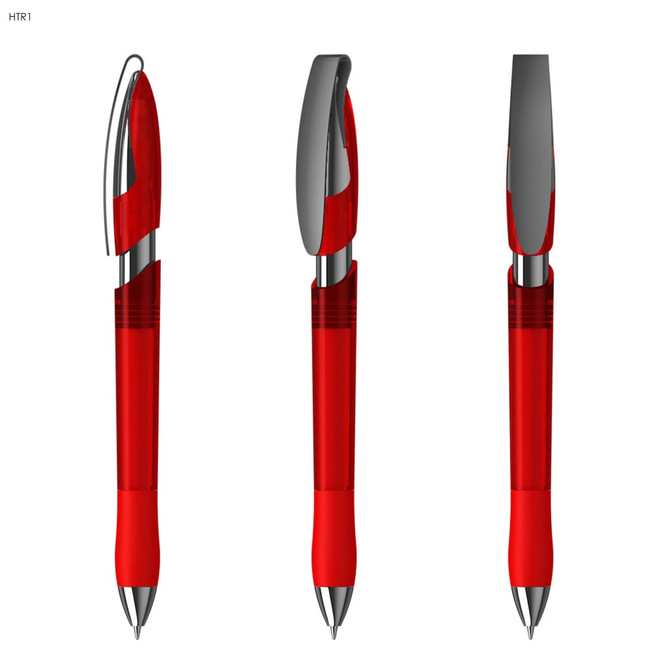 A transparent plastic pen featuring a bright red colour with chrome accents and a clip. The pen is displayed from three angles.