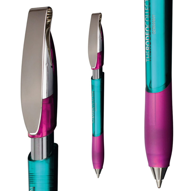A transparent pen featuring a teal barrel and a pink grip, with a shiny silver clip and branding.