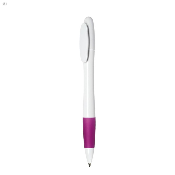A plastic pen in white and purple, featuring a logo on the side and a clip on the top.