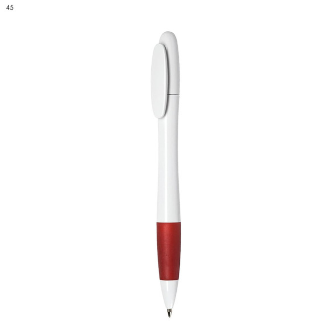 A plastic pen in white with a red grip and clip, featuring a logo on its surface.