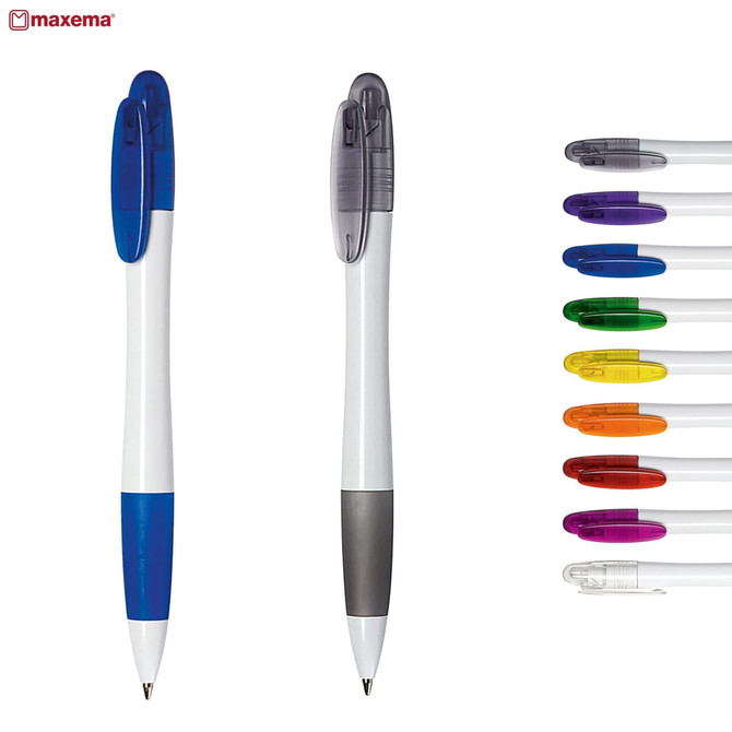 A selection of plastic pens in various colours, featuring blue and grey designs, alongside additional vibrant colours.