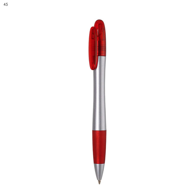A plastic pen in silver and red with a transparent red cap and a logo.