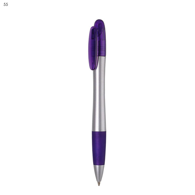 A purple and silver plastic pen featuring a clip and a rubber grip, with a logo on the body.