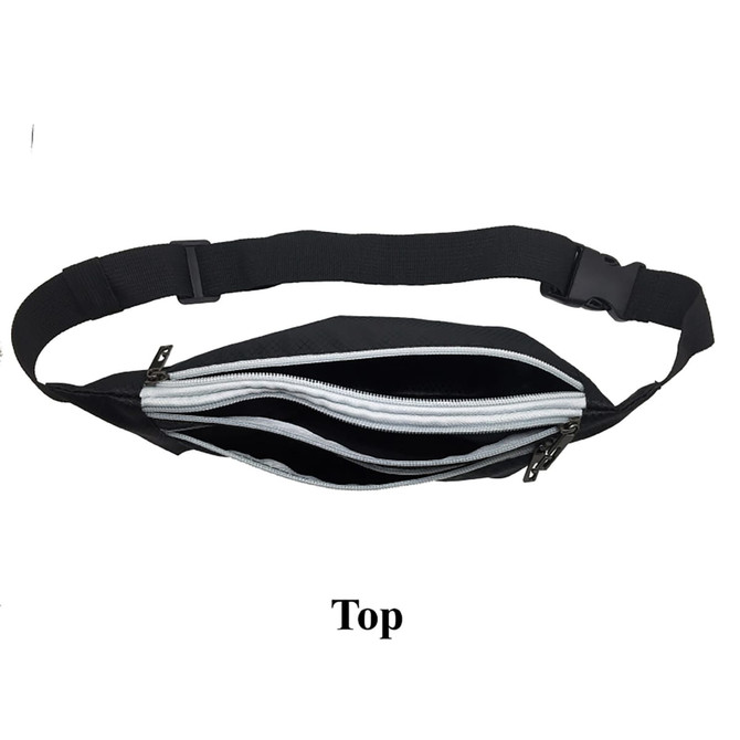 A black waist fitness belt with multiple zippered compartments and an adjustable strap. It features a logo.