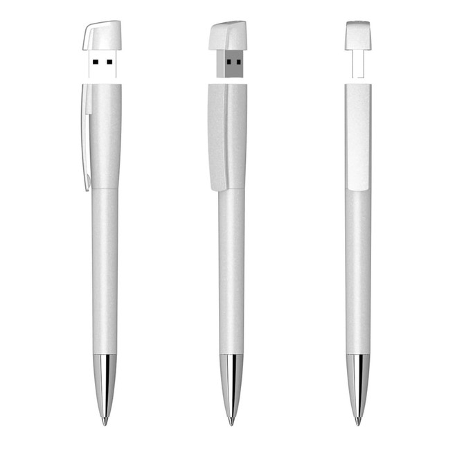 A metallic silver USB pen with a 16GB capacity, featuring a clip and a retractable USB connector.