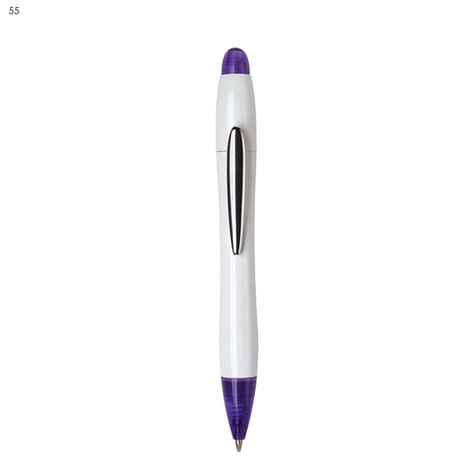 A plastic pen in white and purple, featuring a silver clip and a rounded top. The pen has a logo on it.