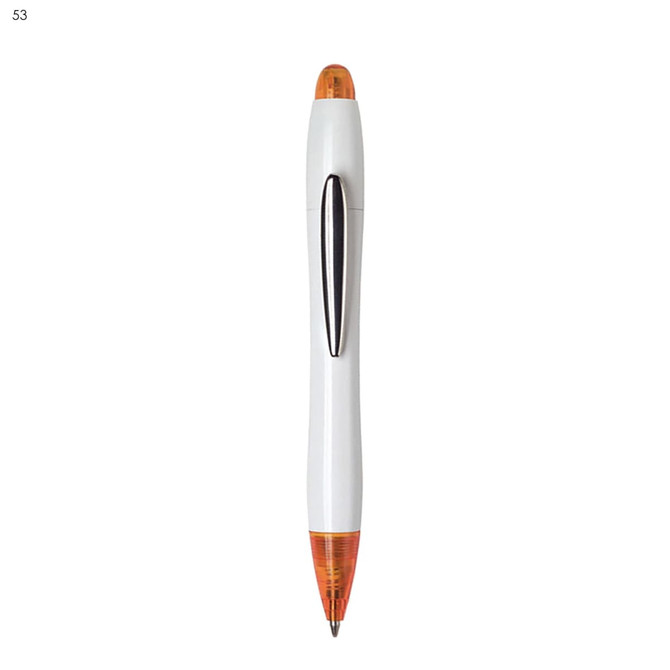 A plastic pen with a white barrel and orange accents, featuring a sleek design and a black ink tip.