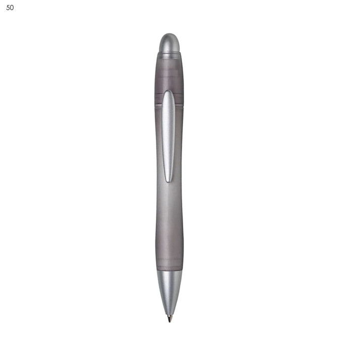 A silver and grey plastic pen featuring a smooth design and a clip, with a logo visible on the body.