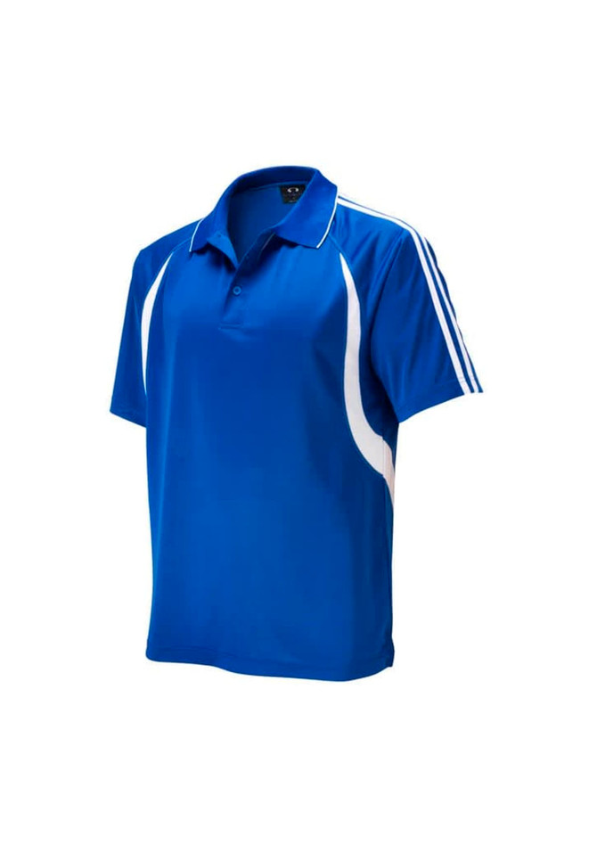 A blue polo shirt featuring white accents and a logo on the chest, designed for men's wear.
