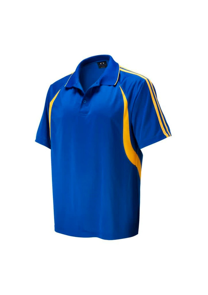 A blue and yellow polo shirt featuring a collar and stripes on the sleeves with a logo.