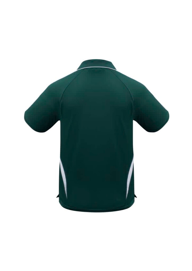 A dark green kids' polo shirt featuring white details and a logo on the chest area.