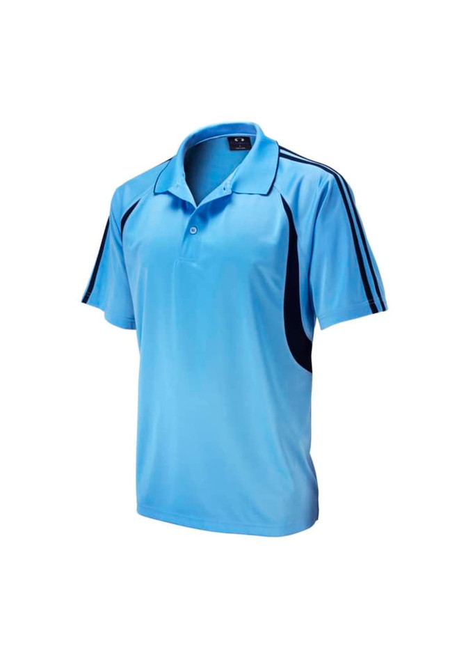 A light blue polo shirt featuring black side panels and a logo on the chest. Ideal for kids' casual wear.