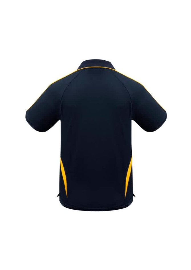A navy blue polo shirt with yellow accents, featuring a logo. The design includes short sleeves and a collar.