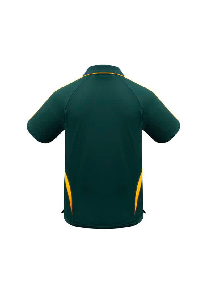 A green kids' polo shirt with yellow accents and a logo on the back.