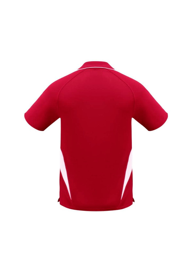 A red polo shirt with white accents, featuring a branded logo on the back.