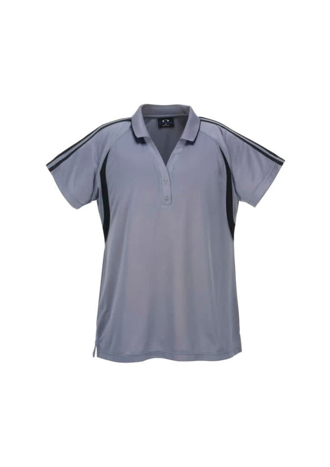A grey ladies' polo shirt with black side panels and a collar. It has a logo on the chest.