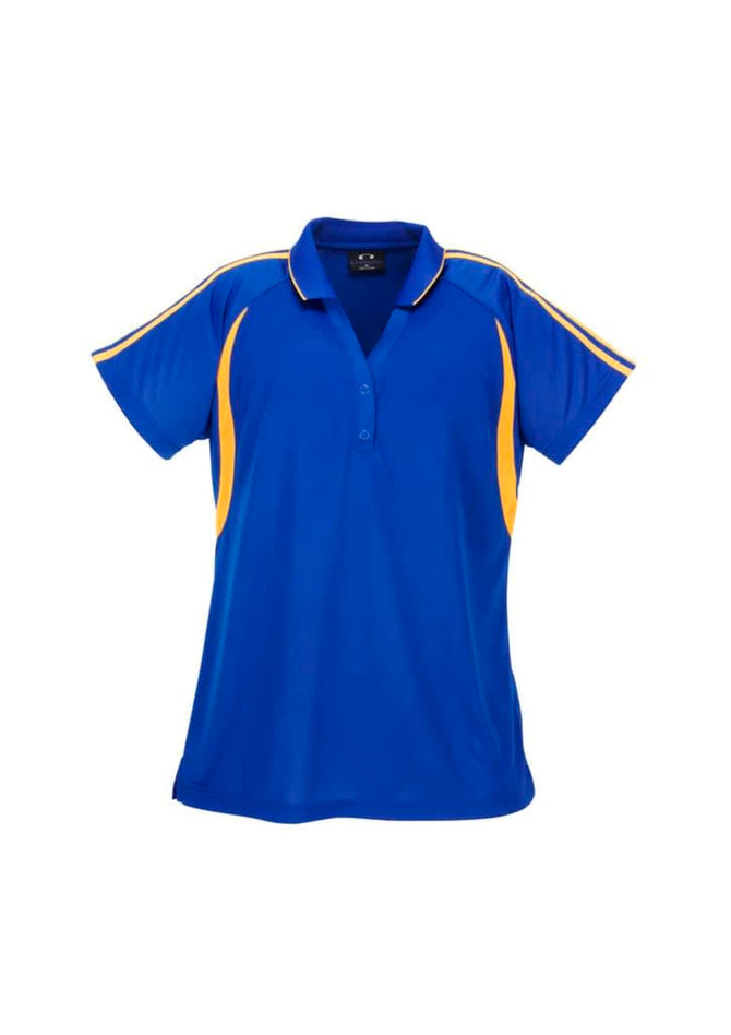 A blue ladies polo shirt with yellow accents and a logo on the chest area.
