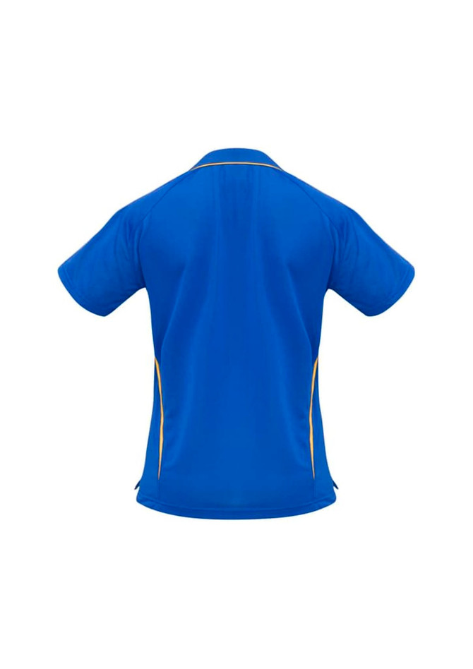 A blue polo shirt with yellow accents, featuring a logo on the back. Short sleeves and a collar complete the design.