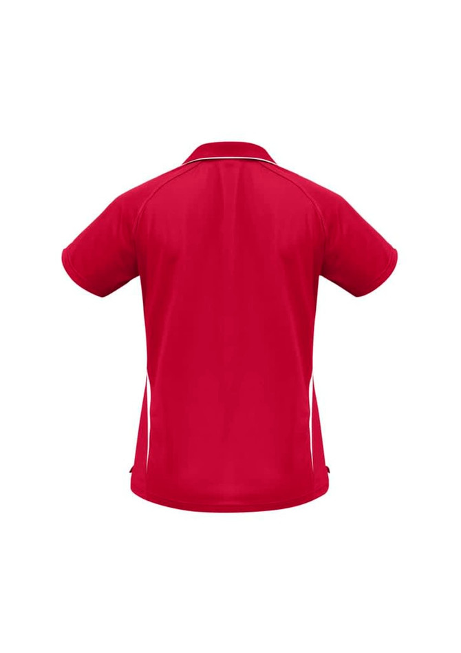 A red polo shirt featuring short sleeves and white side accents. It has a branding logo on the back.