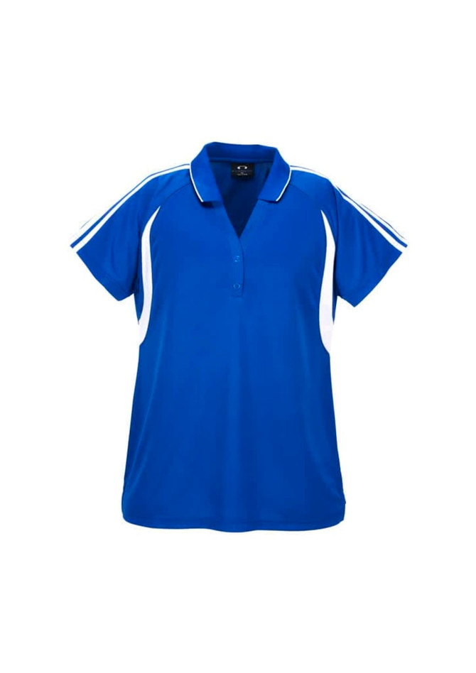 A blue polo shirt featuring white side panels and a collar, with a logo on the chest.
