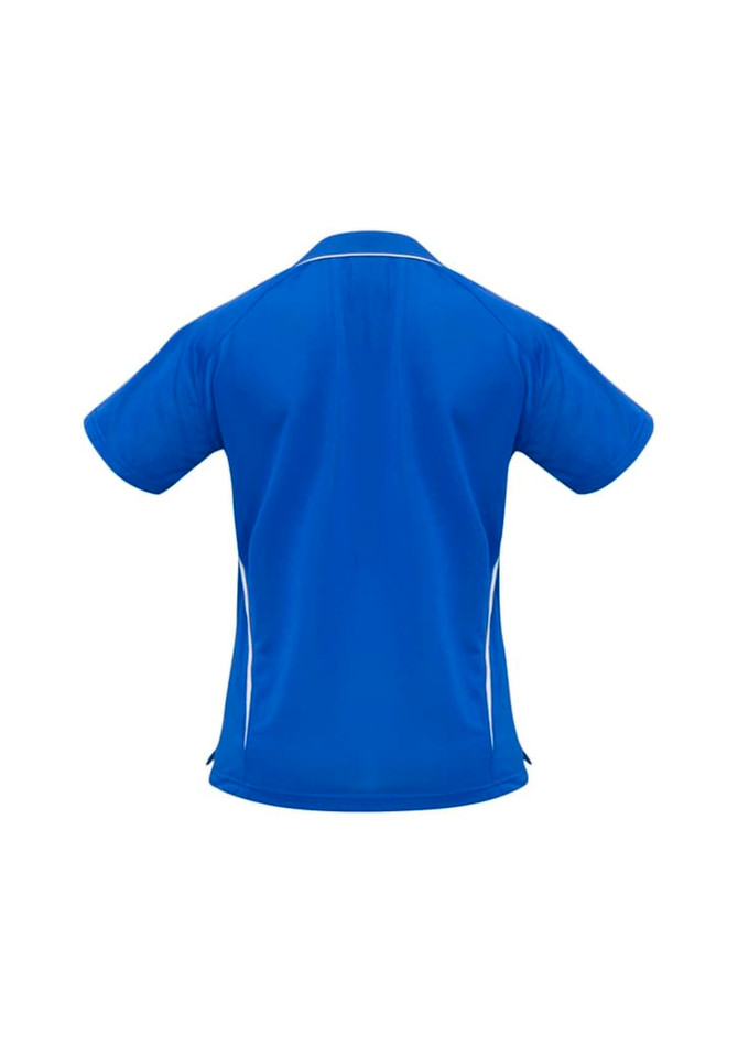 A blue polo shirt featuring a logo and contrasting white detailing on the sides, viewed from the back.
