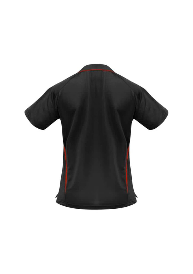 A black polo shirt with red accents, featuring short sleeves and a logo on the back.