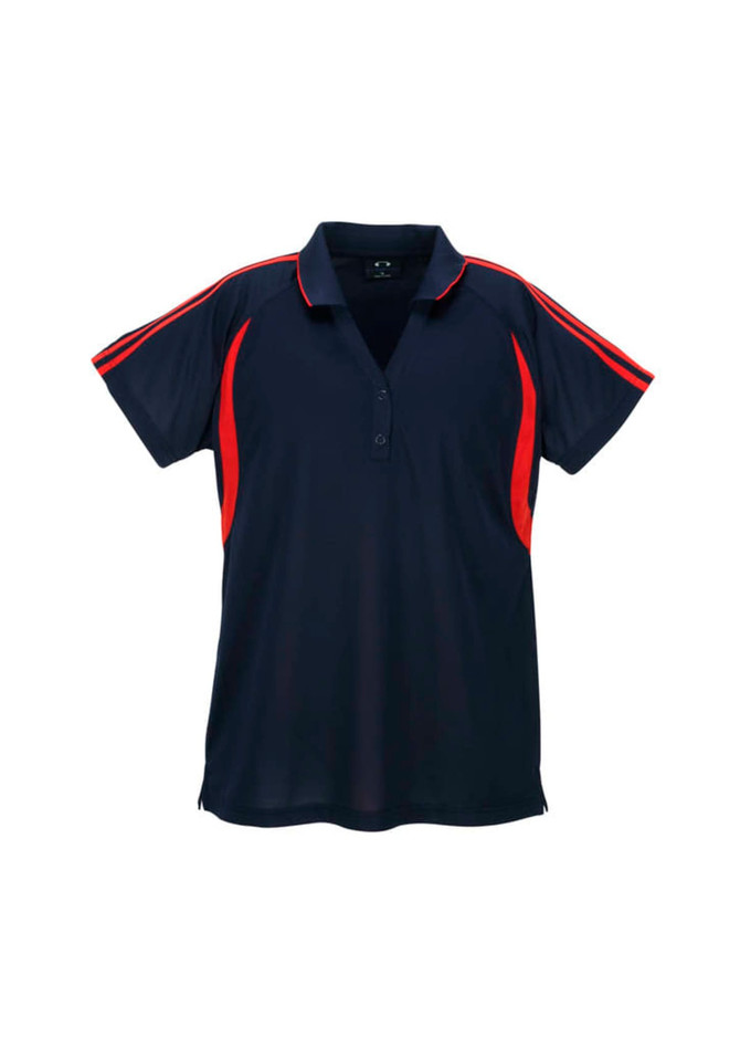 A women's polo shirt in navy with red accents, featuring a collar and a branded logo.