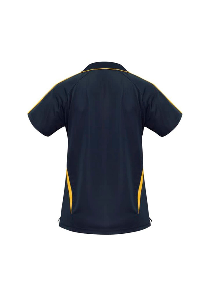 A black and yellow ladies' polo shirt with short sleeves and a logo on the back.