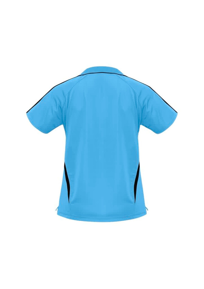 A blue polo shirt featuring black side accents and a logo.