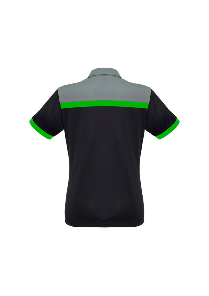 A short sleeve polo shirt in black with grey and vibrant green accents, featuring a logo on the front.