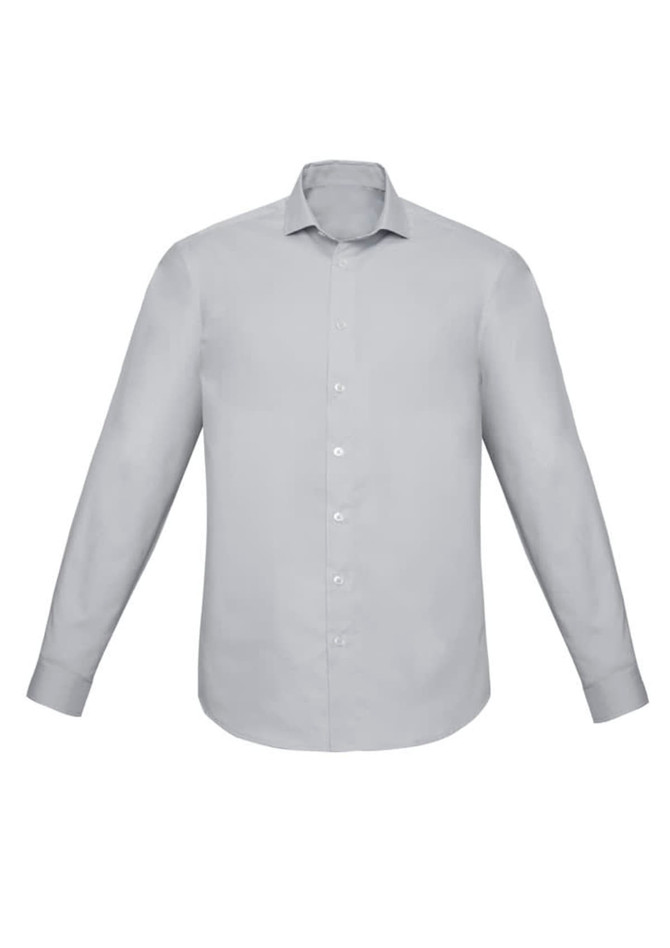 A light grey slim fit long sleeve button-up shirt with a collar and buttons down the front. It features a logo.