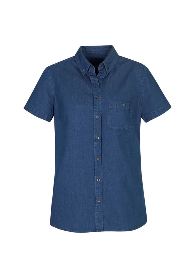 A short-sleeve women's button-up shirt in a dark blue denim style, featuring a chest pocket and a collar.