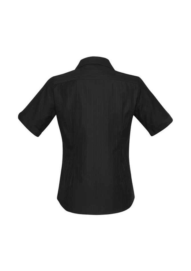 A women's short sleeve button-up shirt in black with a pinstripe design. The shirt features a collar and rolled sleeves.