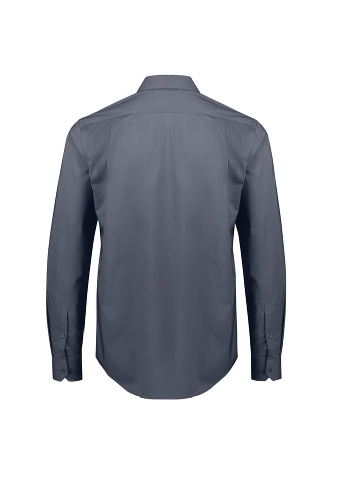 A grey long sleeve button-up shirt with a back yoke and buttoned cuffs. The shirt features a branding logo.