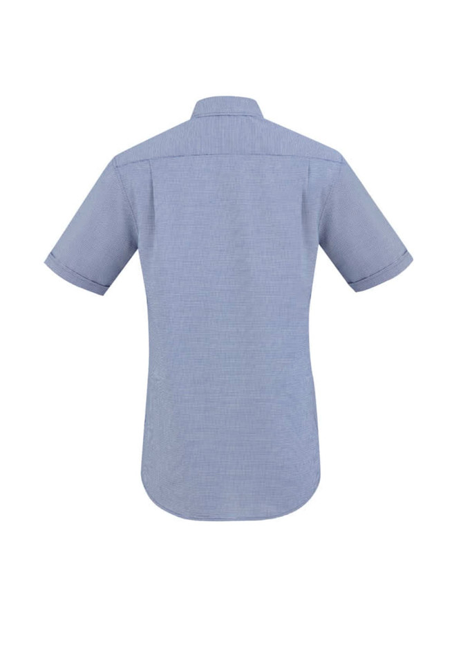 A short-sleeve button-up shirt in blue with a subtle pattern, featuring a logo on the back.