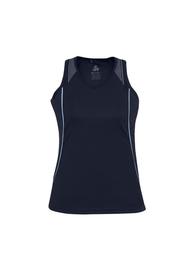 A navy singlet with light blue accents and a logo, featuring a sporty design and sleeveless style.