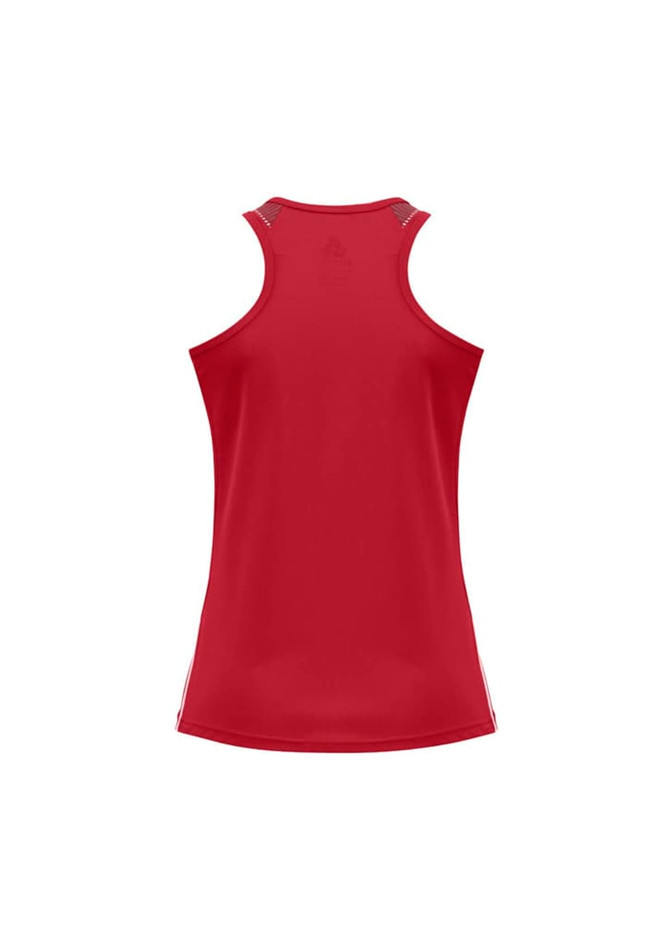A red ladies singlet with a sporty design and a logo at the back.