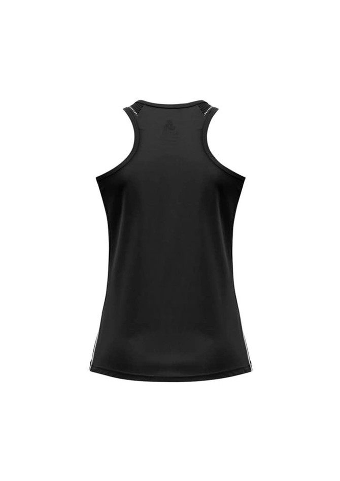 A black ladies singlet with a fitted design, featuring a logo on the back and no additional embellishments.