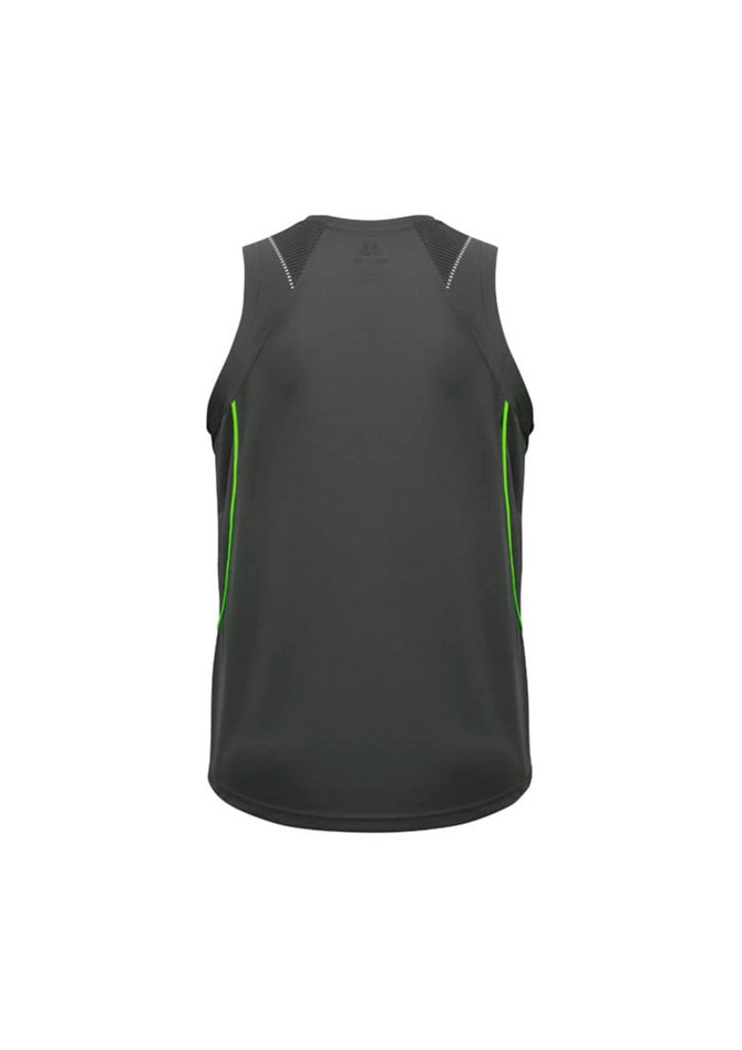 A men's singlet in dark grey with green accents, featuring a logo on the back.